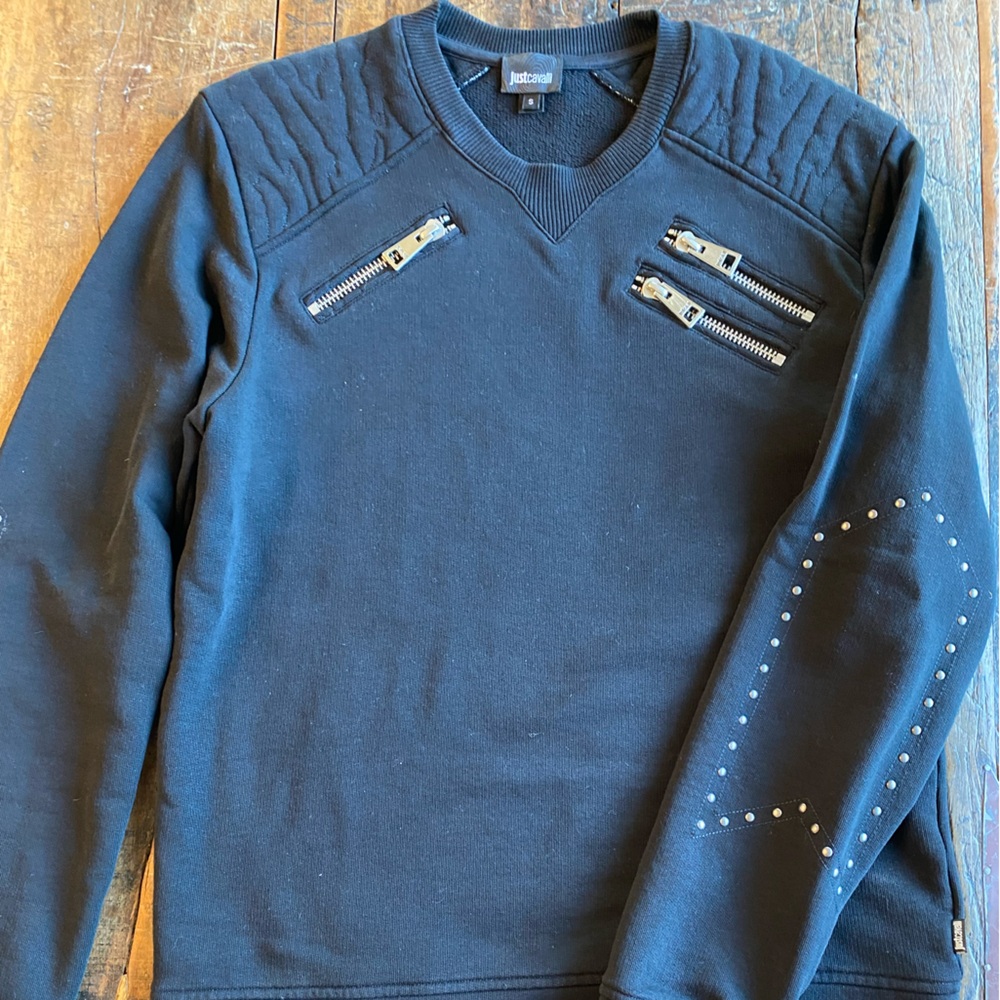 Just Cavalli Black Sweater sweatshirt with Zipper and stud Details